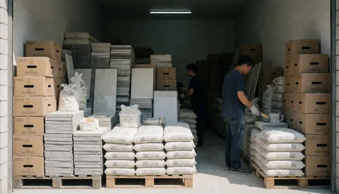 Un travailleur en train de mélanger du mortier dans un entrepôt de carrelage, entouré de cartons et de sacs de ciment bien rangés.