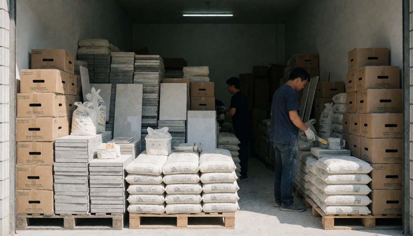 Un travailleur en train de mélanger du mortier dans un entrepôt de carrelage, entouré de cartons et de sacs de ciment bien rangés.