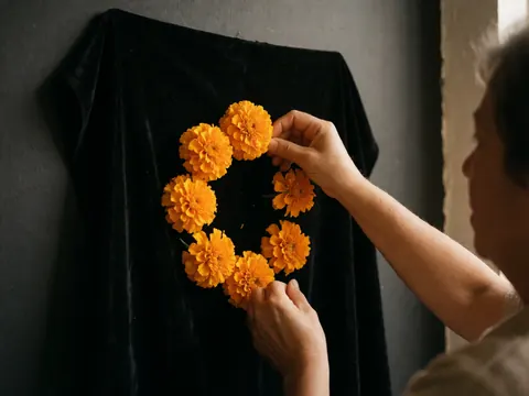 Main adulte déposant une fleur de souci orange sur un fond noir, avec une lumière chaude et des détails nets sur les pétales et la texture du tissu.