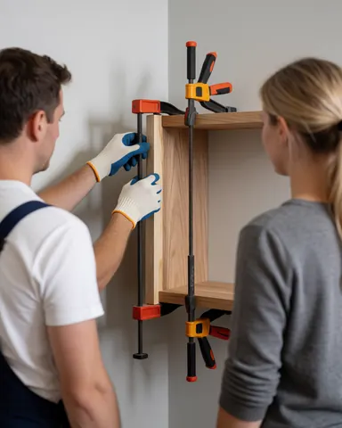 Un menuisier porte des gants et applique de la colle sur une pièce de bois maintenue par des pinces, tandis qu'une femme observe le travail dans un atelier.