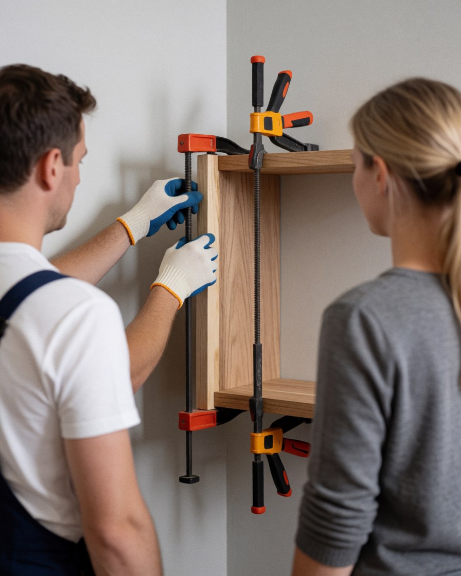 Un menuisier porte des gants et applique de la colle sur une pièce de bois maintenue par des pinces, tandis qu'une femme observe le travail dans un atelier.