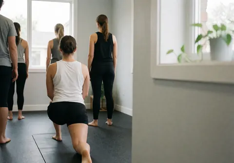 Vue arrière d'un groupe pratiquant des étirements de crossfit dans un studio lumineux aux murs gris et au sol en caoutchouc.