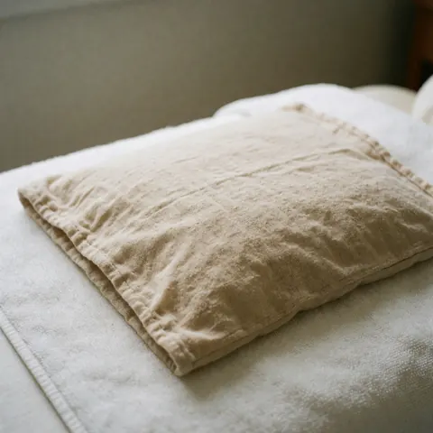 Housse en tissu beige à texture visible posée sur une serviette blanche disposée sur une table de massage, éclairage naturel doux créant une ambiance clinique et apaisante.