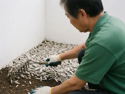 Un jardinier adulte portant des gants blancs et bleus utilise un petit râteau pour étaler du paillis blanc sur un sol sombre près d'un mur blanc.