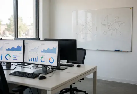 Espace de travail moderne équipé d'écrans affichant des graphiques, un tableau blanc avec des diagrammes, éclairage naturel et sol en béton poli.