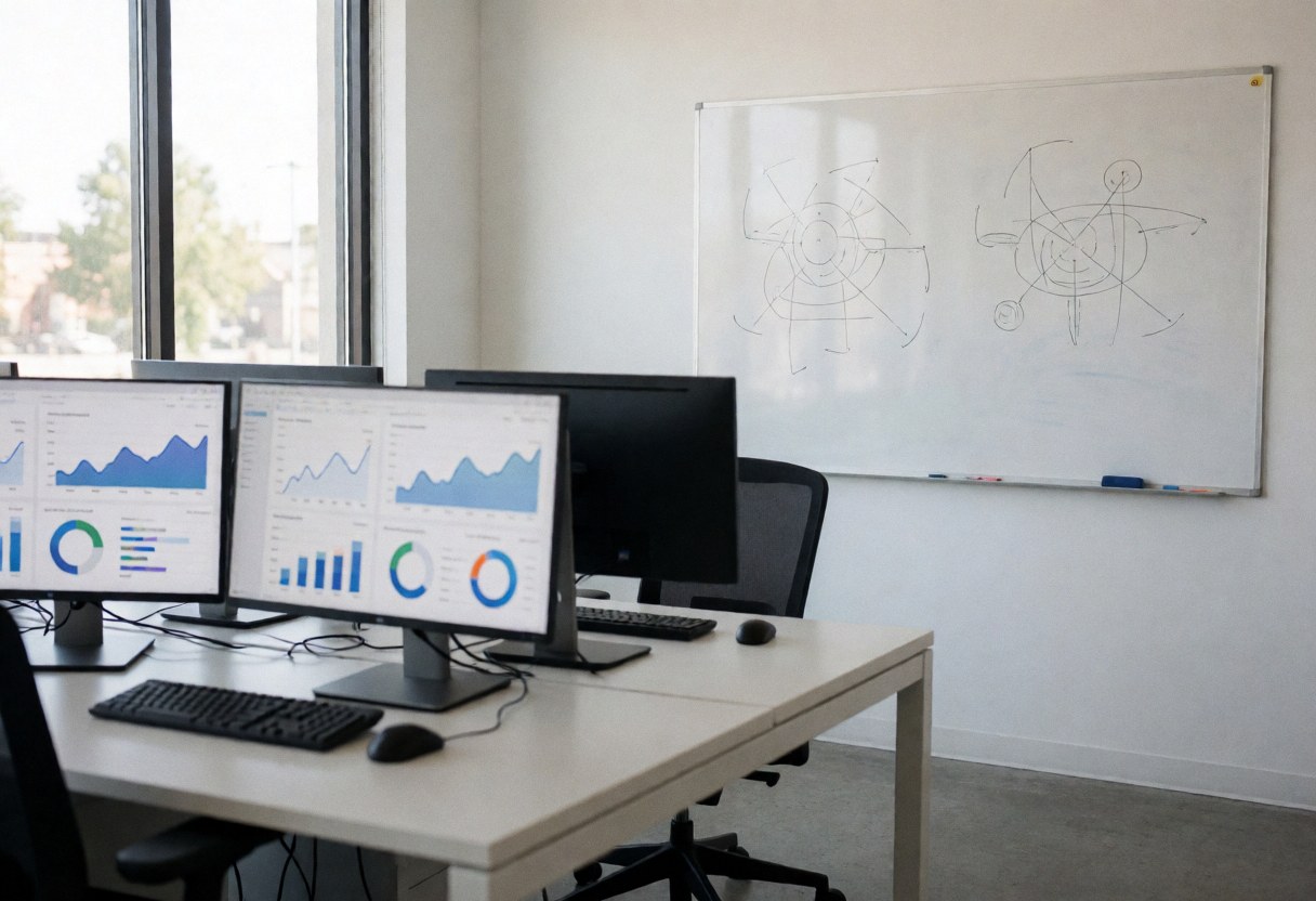 Espace de travail moderne équipé d'écrans affichant des graphiques, un tableau blanc avec des diagrammes, éclairage naturel et sol en béton poli.