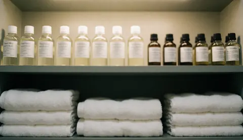 Étagère contenant des bouteilles d'huiles thérapeutiques et des serviettes blanches pliées, éclairage chaleureux, fond pour textes de massages cervicaux.