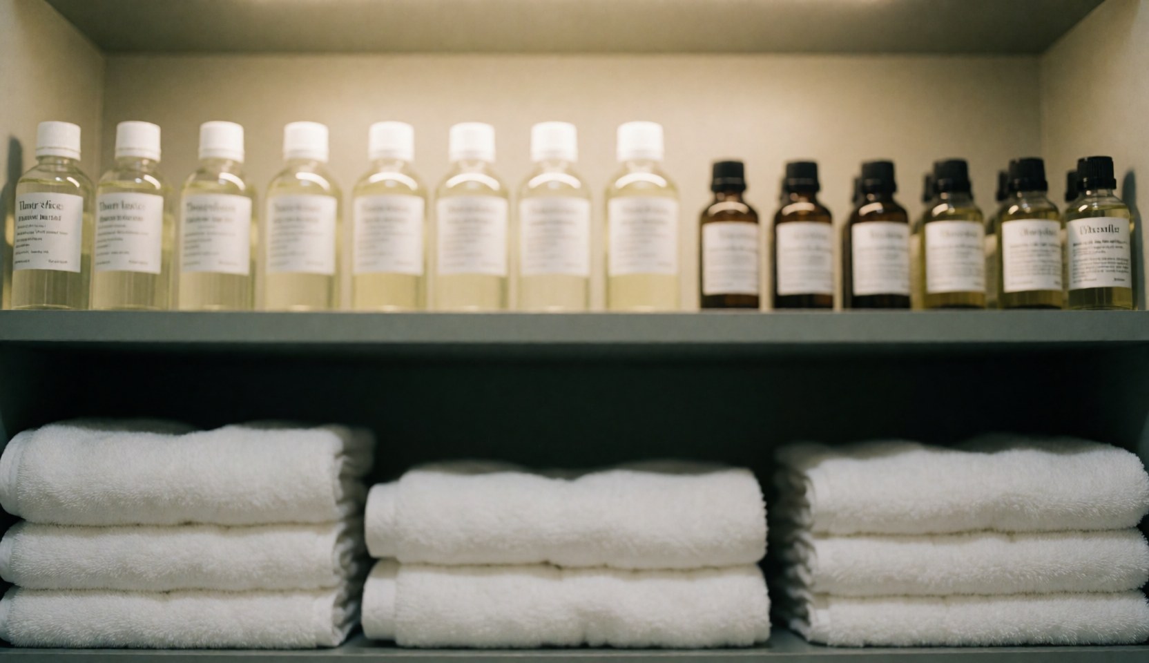 Étagère contenant des bouteilles d'huiles thérapeutiques et des serviettes blanches pliées, éclairage chaleureux, fond pour textes de massages cervicaux.