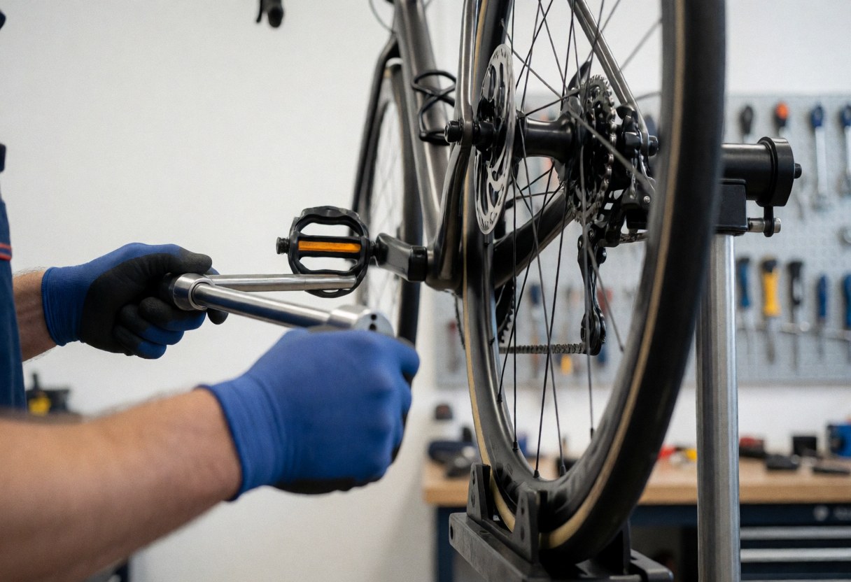 Un mécanicien portant des gants bleus règle un pédalier de vélo à l'aide d'une clé dynamométrique dans un atelier bien éclairé.