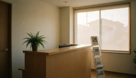 Réception de clinique avec comptoir en bois, plante et présentoir à brochures, éclairée par la lumière douce d'une fenêtre.
