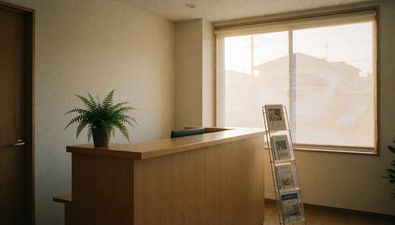 Réception de clinique avec comptoir en bois, plante et présentoir à brochures, éclairée par la lumière douce d'une fenêtre.