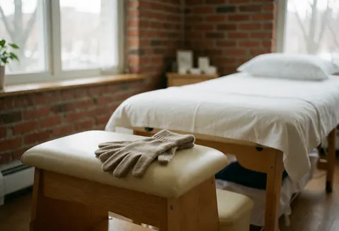 Salle de reflexologie avec lit blanc, tabouret en bois, gants en laine, murs en briques et lumière naturelle par les fenêtres.