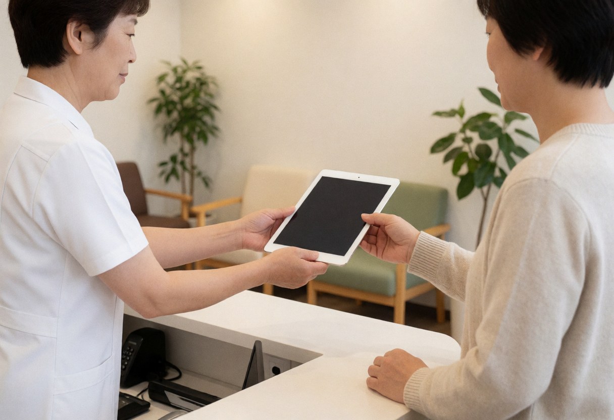 Un préparateur physique en uniforme blanc tend une tablette numérique à un client dans une réception moderne avec chaises et plantes.