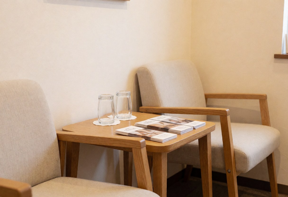 Réception de massage cervical avec chaises confortables, table en bois avec eau et brochures, murs beige, ambiance calme et accueillante pour les clients.