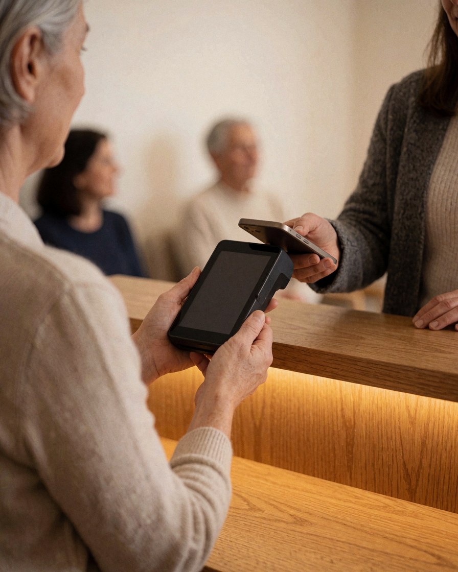 Une cliente utilise son téléphone portable pour payer à la réception d'un salon de massage cervical, avec le thérapeute et sa terminal de paiement visibles dans un cadre en bois.
