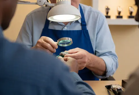 Un horloger âgé portant un tablier bleu utilise une loupe pour réparer une montre sous un éclairage de travail dans un atelier.