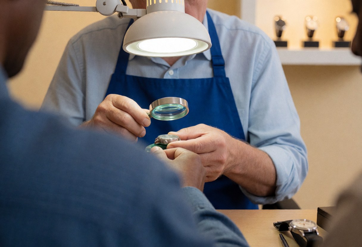 Un horloger âgé portant un tablier bleu utilise une loupe pour réparer une montre sous un éclairage de travail dans un atelier.
