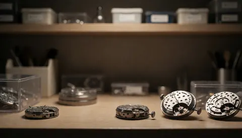 Mouvements de montres démontés posés sur une table en bois, avec des boîtes d'outils et de composants en arrière-plan, éclairage chaud et flou.