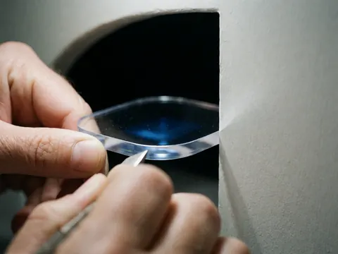 Main effectuant une découpe précise d'un verre transparent à reflet bleu dans un atelier de réparation horlogère aux murs gris.