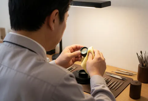 Un horloger nettoie soigneusement une loupe avec un tissu doux. Des outils de précision sont disposés sur une table en bois, dans un atelier éclairé de manière professionnelle.