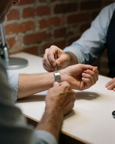Un horloger professionnel ajuste une sangle de montre en métal sur le poignet d'un client devant un mur de briques rouges avec une lumière douce.
