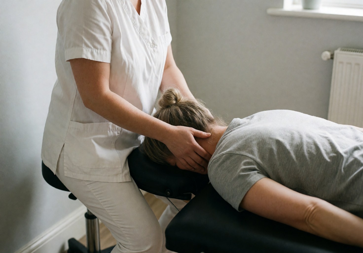 Un thérapeute en uniforme blanc réalise un massage cervical sur une cliente allongée sur une table de massage noire dans une clinique aux murs gris.