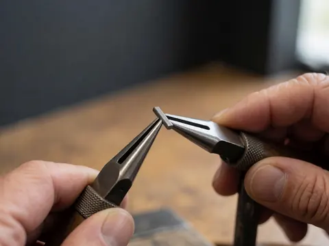 Gros plan sur des outils de précision posés sur une table en bois avec un fond gris foncé.