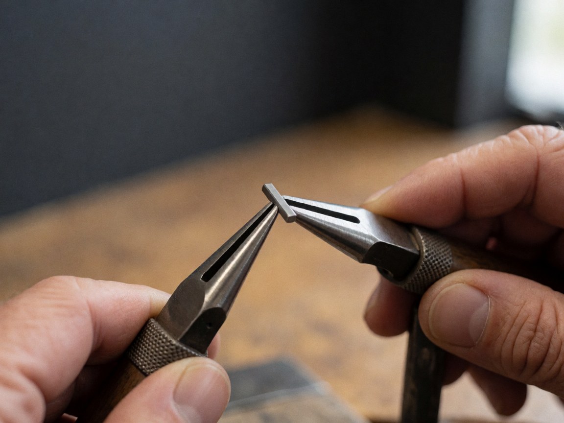 Gros plan sur des outils de précision posés sur une table en bois avec un fond gris foncé.