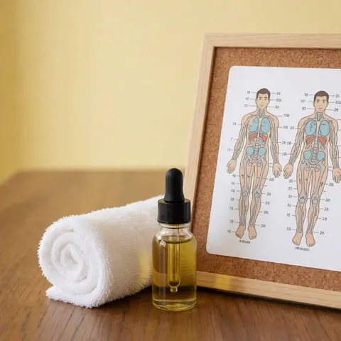 Flacon d'huile de mezcal avec pipette, serviette blanche roulée et planche de points de réflexologie sur table en bois.