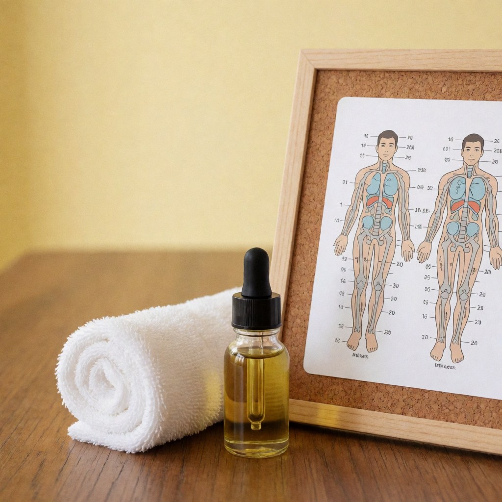 Flacon d'huile de mezcal avec pipette, serviette blanche roulée et planche de points de réflexologie sur table en bois.