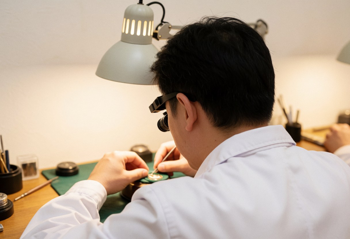 Un horloger professionnel ajuste minutieusement le mécanisme d'une montre sous l'éclairage d'une lampe dans son atelier.