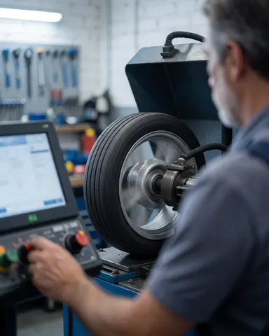 Un technicien ajuste une équilibreuse pour pneus dans un atelier automobile avec une roue en rotation et des outils visibles sur fond flou.