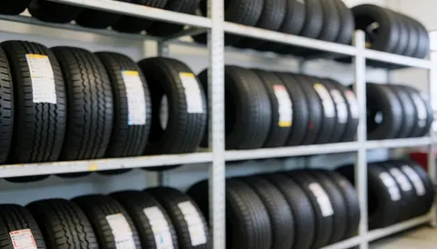 Fond d'étagères métalliques contenant des pneus neufs avec des étiquettes visibles, éclairage doux et professionnel dans un atelier de réparation automobile.