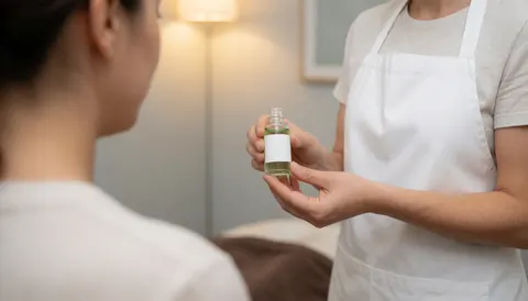 Un thérapeute en blouse blanche tient une bouteille d'huile de menthe verte dans un cabinet aux murs gris et à l'éclairage chaleureux.