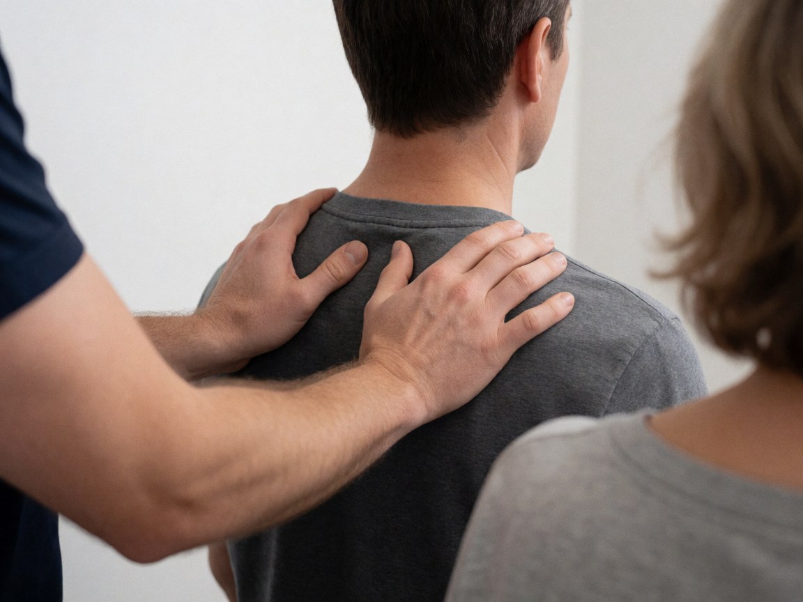 Un thérapeute applique un massage manuel sur l'épaule d'un client tandis qu'une autre personne observe la scène dans un environnement clair et neutre.