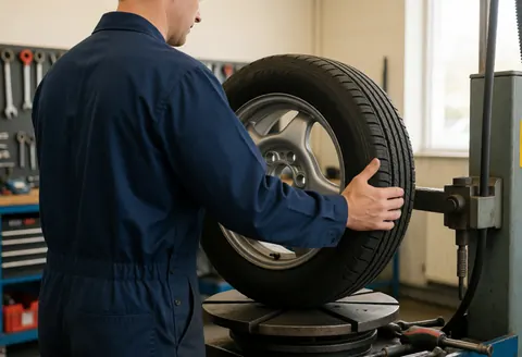 Mécanicien en train de monter un pneu noir sur une jante en alliage à l'aide d'une machine de démontage, avec des outils et des étagères en arrière-plan.