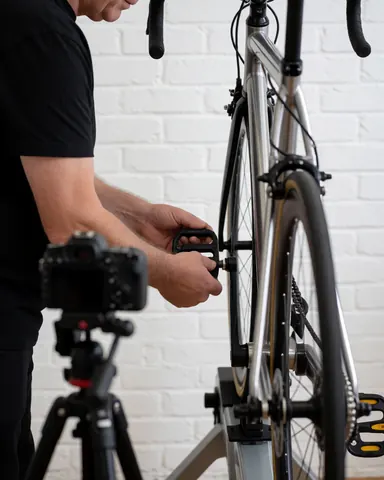 Un technicien ajuste une pédale de vélo fixée sur un support, devant un mur en briques blanches avec une caméra montée sur trépied.