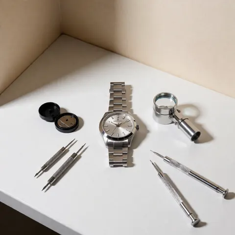 Montre-bracelet argentée posée sur surface blanche avec outils de réparation et loupe, idéale pour boutique ou catalogue.