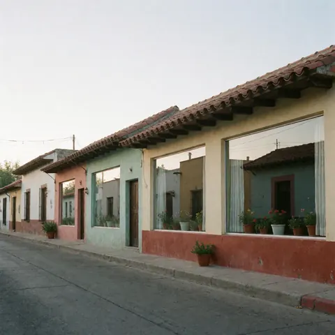 Rue calme bordée de maisons coloniales aux vitres brillantes reflétant le ciel, avec des plantes en pot sur les rebords, évoquant un environnement serein et propre.