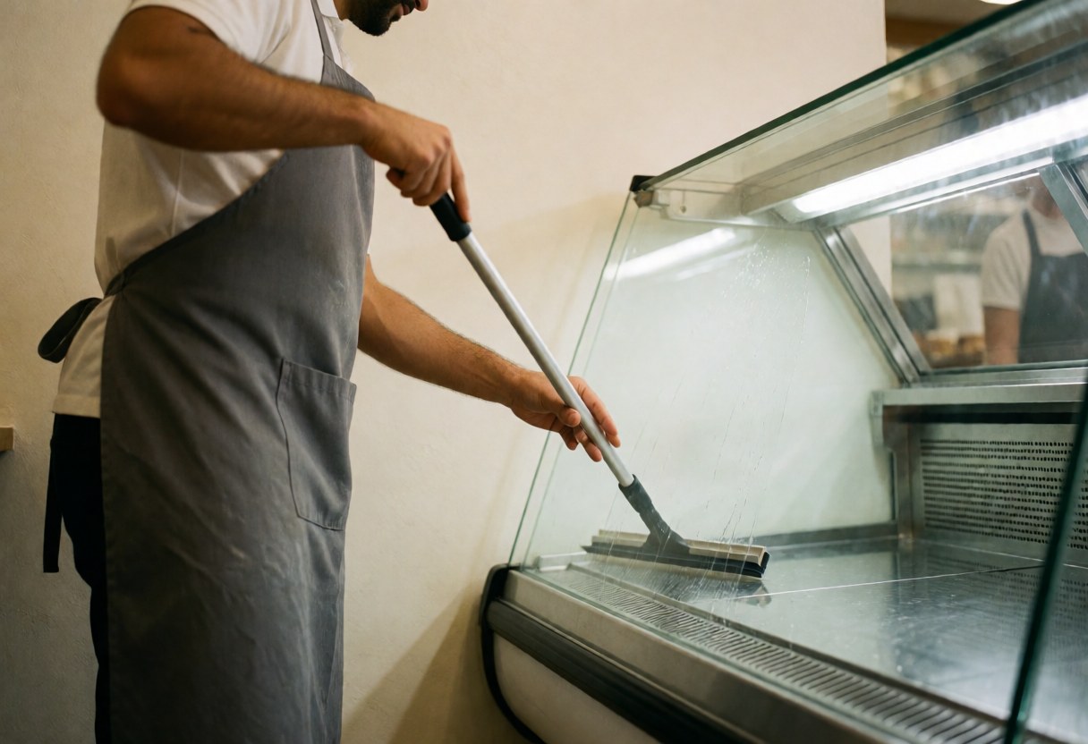Un technicien en tablier gris utilise une longue raclette pour nettoyer la vitre d'un réfrigérateur commercial, la lumière intérieure brillant sur le verre propre dans un environnement à murs blancs.