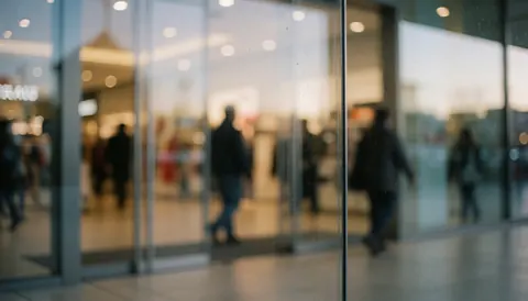 Fond d'entrée de centre commercial avec des vitres transparentes reflétant des lumières chaudes et des silhouettes floues de personnes marchant, idéal pour les textes commerciaux.