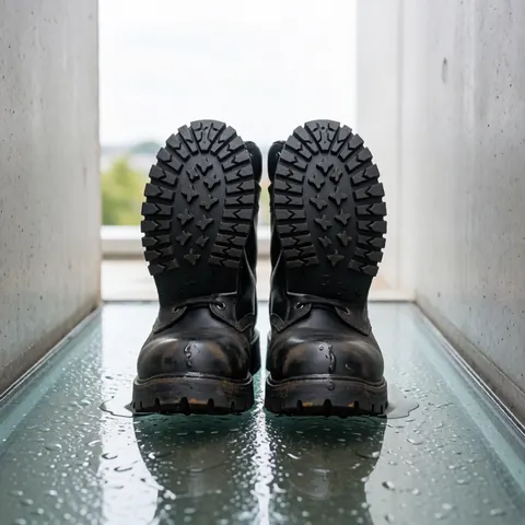 Des bottes noires à semelle épaisse antidérapante posées sur une surface en verre humide et réfléchissante, entre des murs en béton.