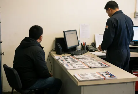Un client assis face au comptoir tandis qu'un mécanicien consulte des documents et des catalogues de pneus sur un bureau équipé d'un ordinateur.