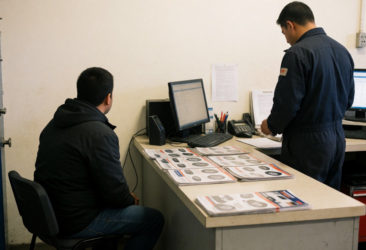 Un client assis face au comptoir tandis qu'un mécanicien consulte des documents et des catalogues de pneus sur un bureau équipé d'un ordinateur.
