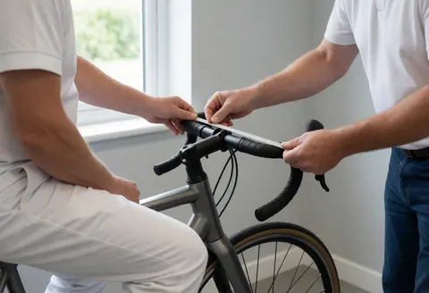 Un entraîneur de cyclisme ajuste la position du guidon d'un vélo à l'aide d'un mètre ruban dans un atelier bien éclairé par la lumière naturelle.