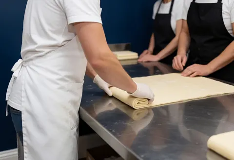 Trois boulangers en train de travailler la pâte avec des gants blancs sur une table en acier inoxydable devant un mur bleu foncé.