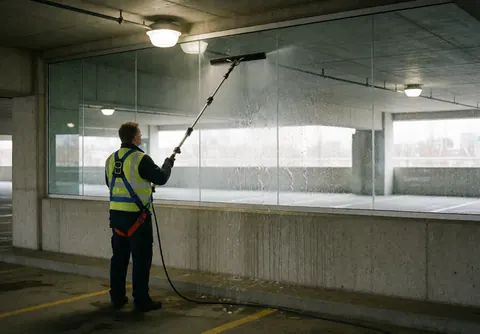 Un ouvrier en harnais et gilet jaune nettoie un grand panneau de verre dans un garage souterrain avec une raclette télescopique, l'eau coule sur la surface.