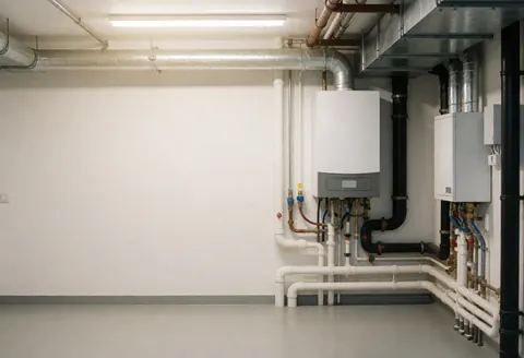 Sous-sol propre et organisé abritant une chaudière à gaz connectée à des tuyaux d'eau chaude, éclairage LED et murs blancs, idéal pour une entreprise de réparation.