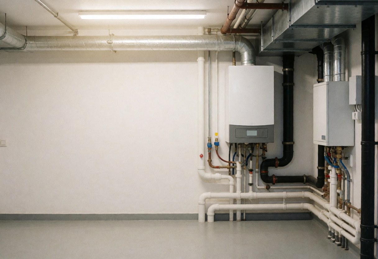 Sous-sol propre et organisé abritant une chaudière à gaz connectée à des tuyaux d'eau chaude, éclairage LED et murs blancs, idéal pour une entreprise de réparation.