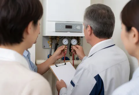 Un technicien en train de vérifier les manomètres d'une chaudière avec des outils, tandis qu'un client observe la scène de service en action.